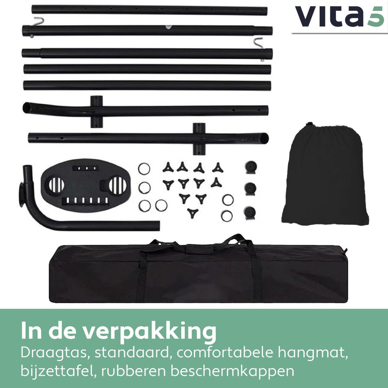Vita5 Hangmat met Standaard 2 Persoons - Incl. Bekerhouder - Draaggewicht 205 kg - Zwart - Verstelbare Lengte - Incl. Draagtas