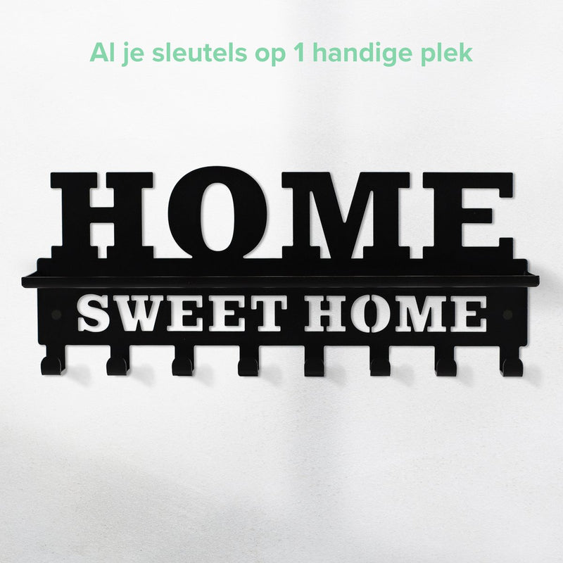 Sleutelrekje Home Sweet Home | Coninx Sleutel organizer | Sleutels ophangen | 8 Haken | RVS | Zwart