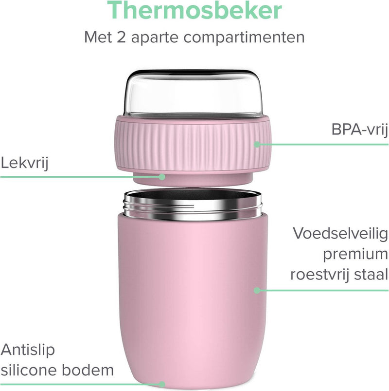 Coninx Thermosbeker RVS - Thermos Lunchbox travel mug - Muesli beker to go - Isoleer lunchpot - Yoghurt beker to go - Mueslibeker - Back to School - RVS / Roze