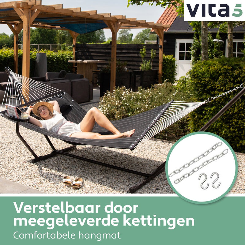 Vita5 Hangmat met Standaard en Spreidstok – 2 Persoons - Afneembaar kussen – uv-bestendig – Zwart