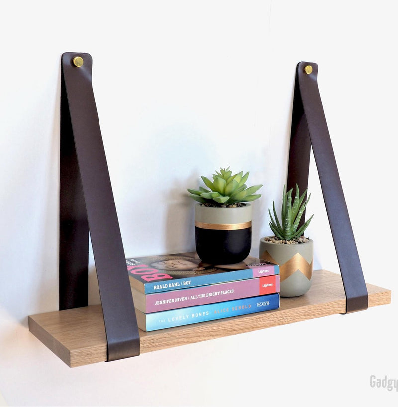 Gadgy wall shelf wood - with leather belts