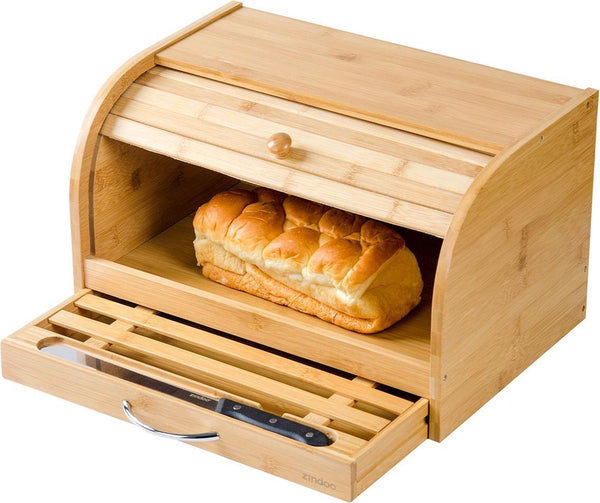 Zindoo bamboo bread bum - bread box including bread knife - Bread bin with roller shutter - bamboo freshenhold box - Durable wood - Bread storage box - Hold bread fresh - Including bread knife - Bamboo bread box - FSC Bamboo - Zin -BBB -01