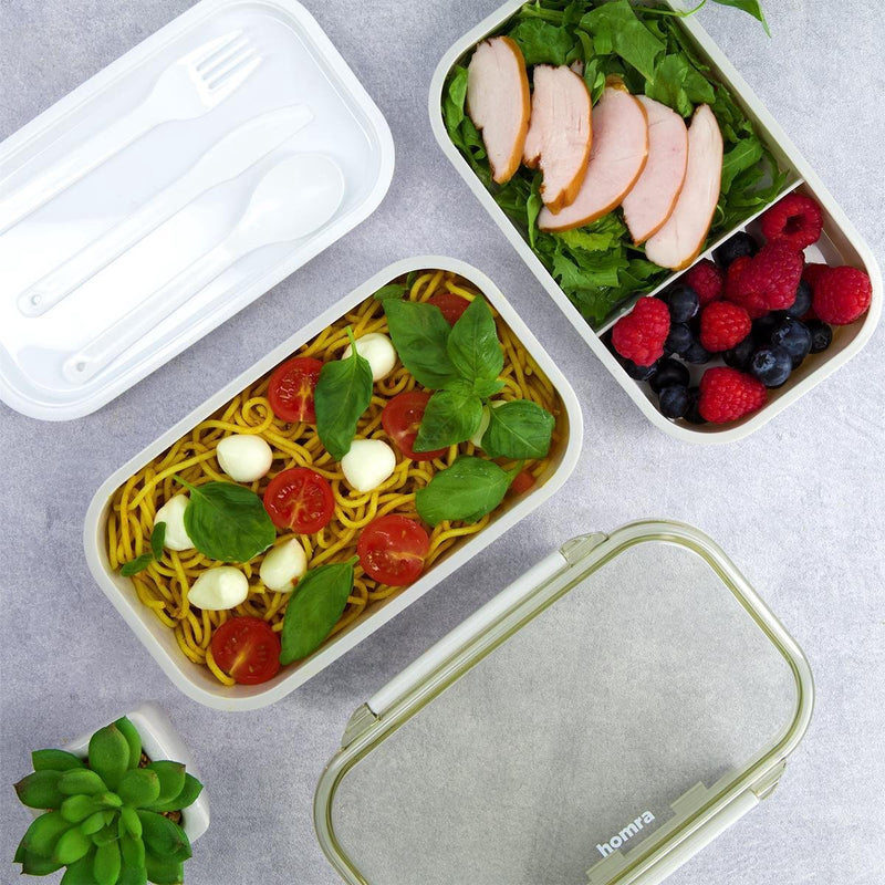 Homra Lunchbox STAQS Grey - Bento Box - 2 Laags Broodtrommel - 3 Compartimenten - Grijs - Lunch To Go - Duurzaam Kunststof - BPA vrij - 3 vaks Lunchtrommel voor Volwassenen - Inclusief Bestek - Magnetron, Diepvries, Vaatwasser bestendig - Vers houden
