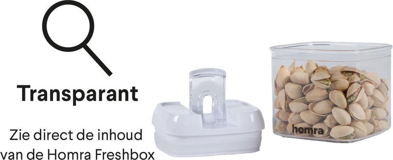 Homra Freshbox - Voorraadpotten - Lucht- en waterdicht - Transparant/Doorzichtig - Set van 5 - Bewaardozen - 0.5L - 0.8L - 1.2L - 1.9L - BPA-vrij - Bewaar Potten - Stapelbaar - Freshbox - Vers Houden - Ruimtebesparend - Vaatwasserbestendig