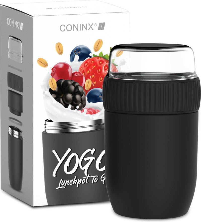 Coninx Thermosbeker RVS - Thermos Lunchbox travel mug - Muesli beker to go - Isoleer lunchpot - Yoghurt beker to go - Mueslibeker - Back to School - RVS / Zwart