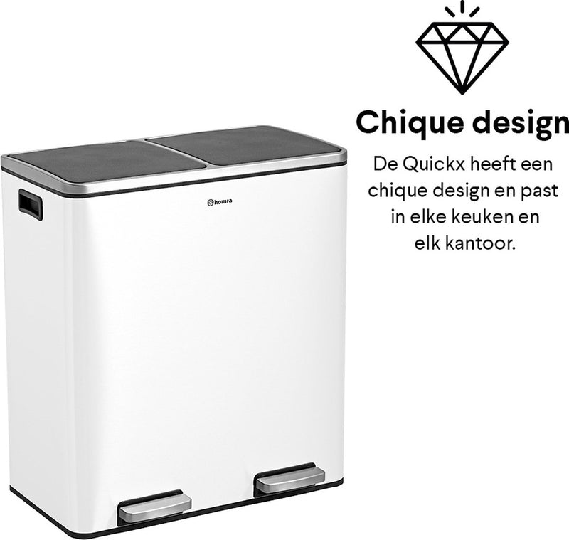 Waste separation troller bin 2 compartments White - 60 L (2x30 liters) Pedal bin Homra Quickx - Design Duo Waste bin stainless steel - Waste separation - Recycle waste bin - Hygienic pedal - Double garbage can - Kitchen trash can - Office trash can