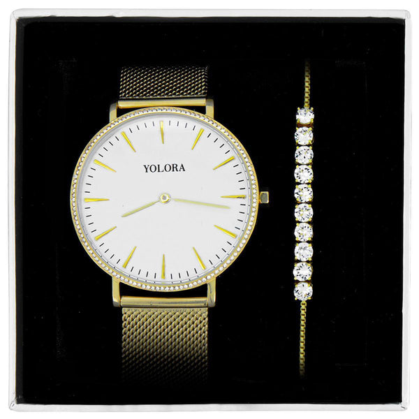 Yolora Luxury Giftbox - Gold -geläutetes Armband und Edelstahl Uhr - 130 Kalpa Camaka Crystals - 18k Gelbgold vergold