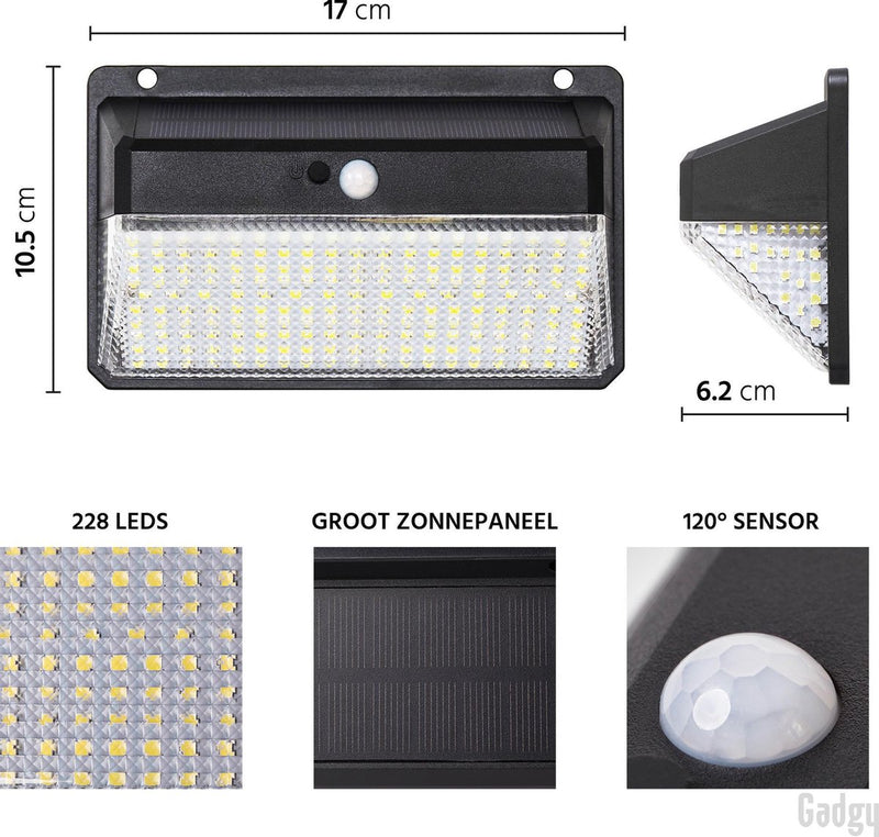 Gadgy Solar Wandlamp Buiten met Bewegingssensor – Set van 2 - 228 leds – Tuinverlichting op Zonne-energie