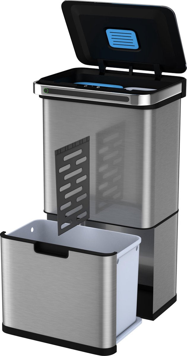 Afvalscheiding Prullenbak - 4 Vakken - 60 Liter (2×18L + 2×12L) - Recycle Sensor Prullenbak Homra - RVS Afvalemmer - Afvalscheidingsprullenbak - Design Keuken Afvalemmer - Automatische Lucht- En Bacterie Filter - Soft Close Deksel - RVS Kleur