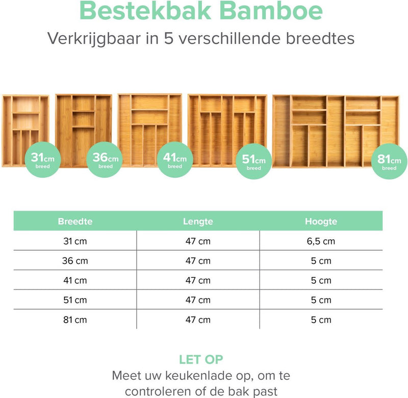 Coninx Bestekbak Bamboe 31CM Breed - Besteklade - Opbergbak - Duurzaam - voor Laden vanaf 47cm diep