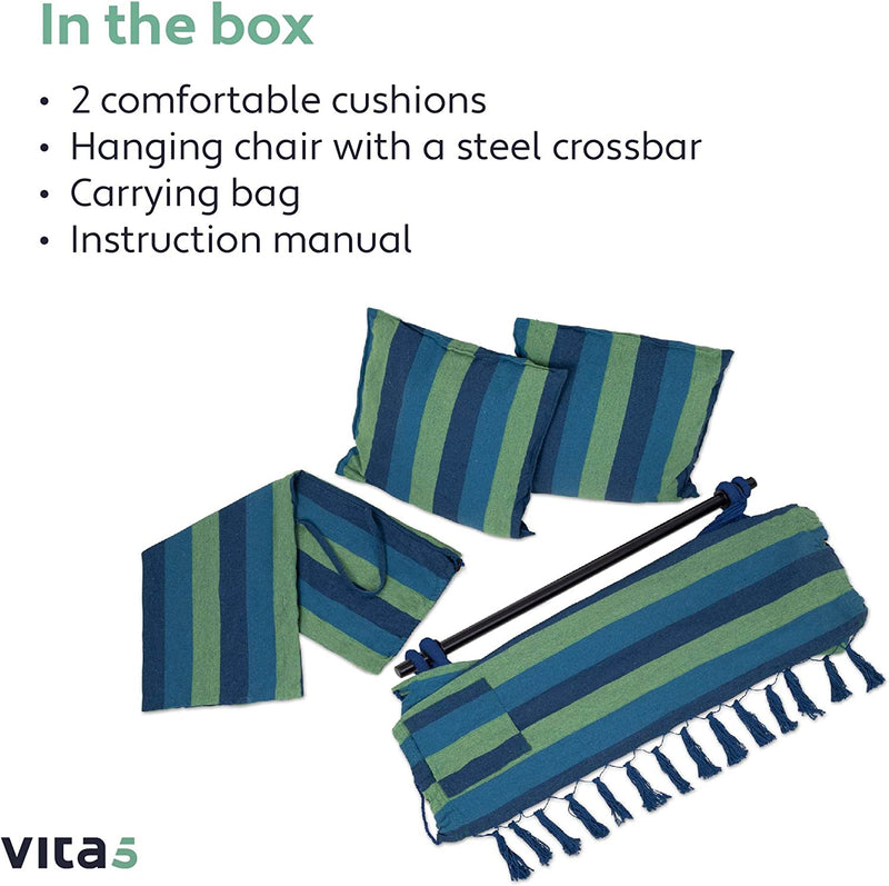 VITA5 Hangstoel voor buiten, stabiele en veilige hangstoel, stijlvolle hangstoel, voor binnen en buiten, schommel voor volwassenen en kinderen, comfortabele boho-kamerdecoratie, 250 kg draagkracht (groen/blauw)