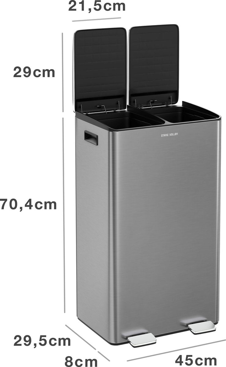 Mülldose mit 2 Fächern - Duo Pedal Eimer 60 Liter von Rangvollby - 2x30l - Abfallabfallbehälter - Edelstahl - Soft -Schließdeckel - 2 -boxabfall - Klapppedale - Luxusdesigner Abfallbehälter - Küchenabfallbehälter - Müllbehälter