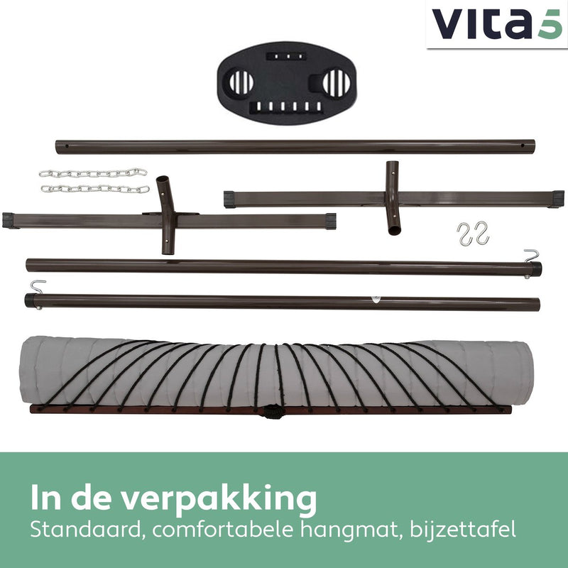 Vita5 Hangmat met Standaard en Spreidstok – 2 Persoons – incl. Bekerhouder - Afneembaar kussen – uv-bestendig – Lichtgrijs