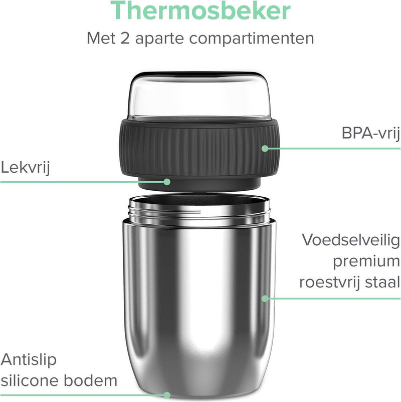 Coninx Thermosbeker RVS - Thermos Lunchbox travel mug - Muesli beker to go - Isoleer lunchpot - Yoghurt beker to go - Mueslibeker - Back to School - RVS