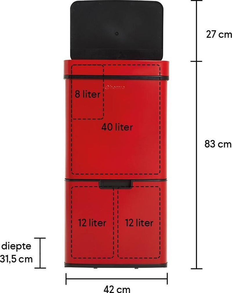 Homra NEXO - Sensor Prullenbak - 3 vakken - 72 Liter (2x12 + 48 L) - Rood