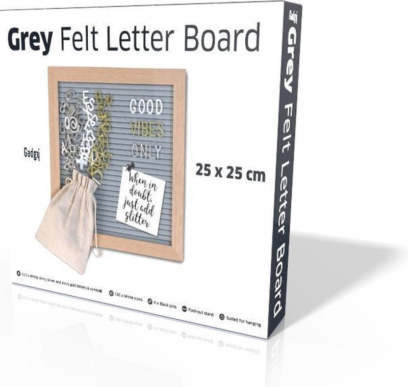 Gadgy Letterbord grijs vilt - Houten lijst - 25x25cm