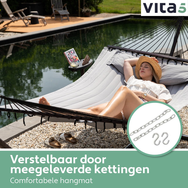 Vita5 Hangmat met Standaard en Spreidstok – 2 Persoons – incl. Bekerhouder - Afneembaar kussen – uv-bestendig – Lichtgrijs