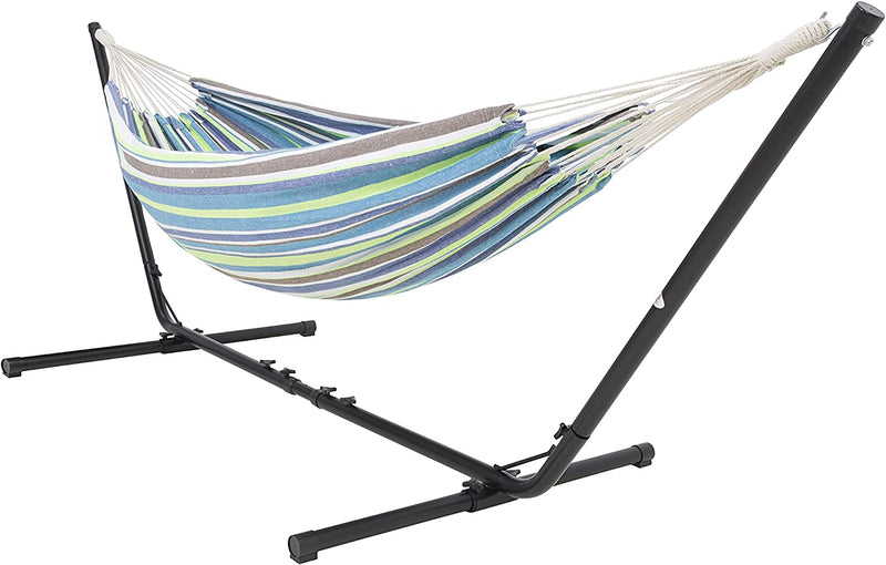 Hangmat met Standaard 2 Persoons / 205 kg - Frame lengteverstelbaar 290 - 330 cm - Oppervlakte mat 241 * 160 cm - Met draagtas (Blauw/Groen)