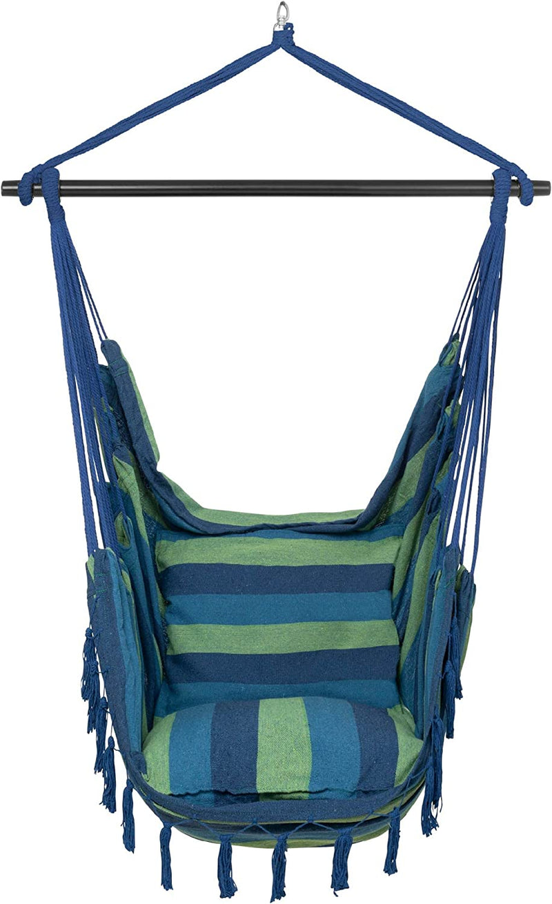 VITA5 Hangstoel voor buiten, stabiele en veilige hangstoel, stijlvolle hangstoel, voor binnen en buiten, schommel voor volwassenen en kinderen, comfortabele boho-kamerdecoratie, 250 kg draagkracht (groen/blauw)