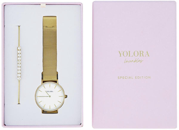 Yolora Luxury Giftbox - Gold -geläutetes Armband und Edelstahl Uhr - 130 Kalpa Camaka Crystals - 18k Gelbgold vergold