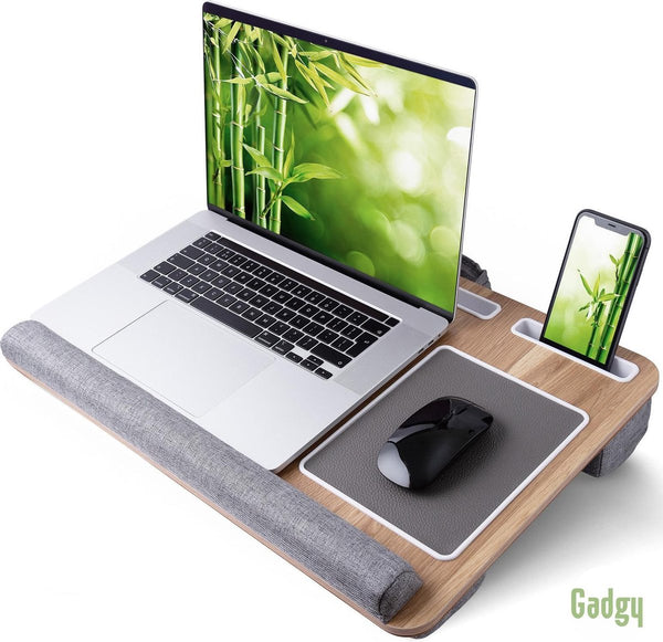 Gadgy Laptopkussen - Laptoptafel met Kussen, Muismat en Telefoonhouder – Bamboe - Laptopstandaard voor laptop t/m 17 inch - Bedtafel - Schootkussen