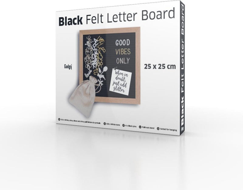 Gadgy Letterbord Zwart Vilt - Houten Lijst - 25x25cm