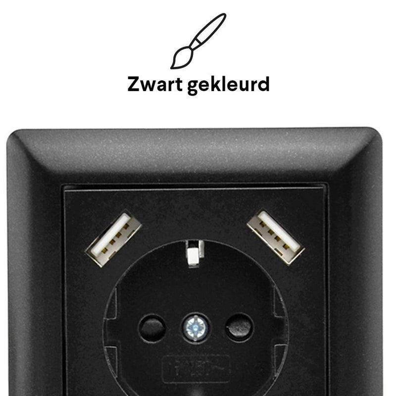 Homra Brock USB Stopcontact Zwart - Inbouw Wandcontactdoos - Glanzend Kunststof - Zwarte Wanddoos - Contactdoos - 2.800mA - 220 volt - USB Oplader - Snel Opladen - Fast Charge - Randaarde - Europees Stopcontact - 80x80mm - Met Kinderbeveiliging