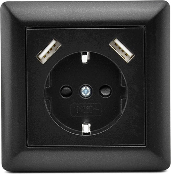 Homra Brock USB Socket Black - Built -in wall socket - Glossy plastic - Black wall box - Contact box - 2,800mA - 220 Volt - USB Charger - Fast Charging - Fast Charge - Eartharde - European Socket - 80x80mm - With Children's Security