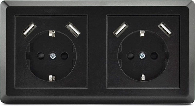 Homra Brock Double USB Socket Black - Built -in wall socket - Glossy plastic - Black wall box - Contact box - 5,600mA - 220 Volt - USB Charger - Fast Charging - Fast Charge - Randard - European - 80x80mm - With Children's Security