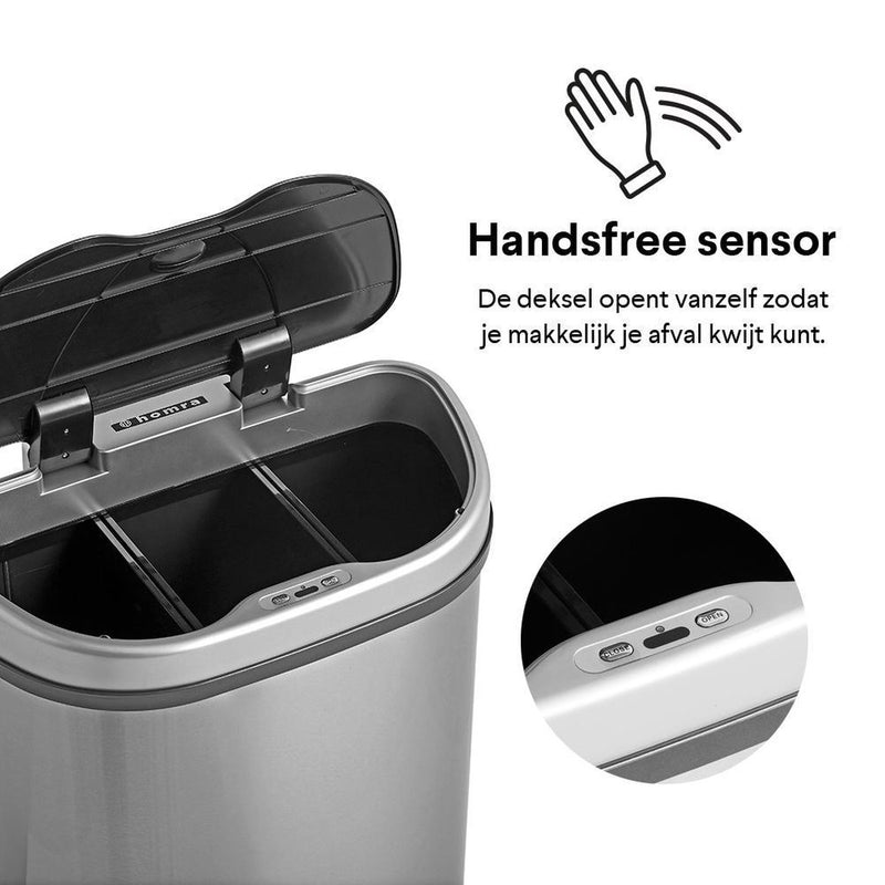 Homra Qubix sensor trash can - stainless steel - 70 liters - 3 compartments - 22+22+24 l - Recycle waste biner - Hygienic - Automatic soft close close lid - Electric garbage box - Kitchen waste bin - office trash box - waste separation - waste separation