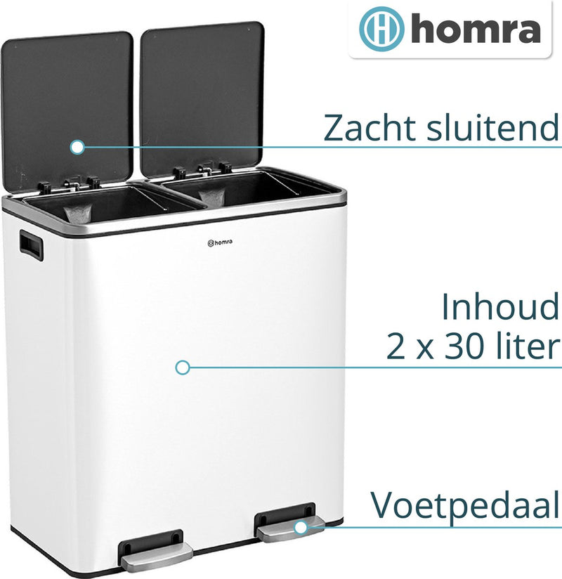 Waste separation troller bin 2 compartments White - 60 L (2x30 liters) Pedal bin Homra Quickx - Design Duo Waste bin stainless steel - Waste separation - Recycle waste bin - Hygienic pedal - Double garbage can - Kitchen trash can - Office trash can