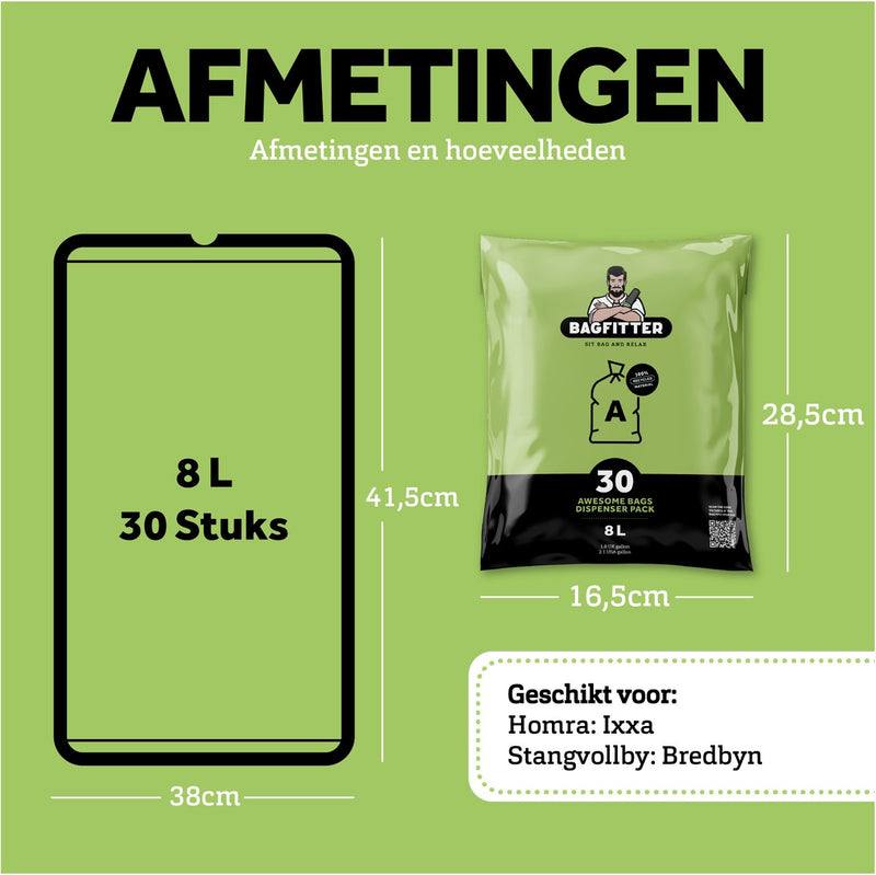 Bagfitter Green A 8L garbage bag with tape tape made of 100% recycled plastic - 41.5 cm x 38cm - 30 pieces - 8 liters - garbage bags - waste bags - trash bags suitable for, among others, Homra IXXA and rangvollby Bredbyn