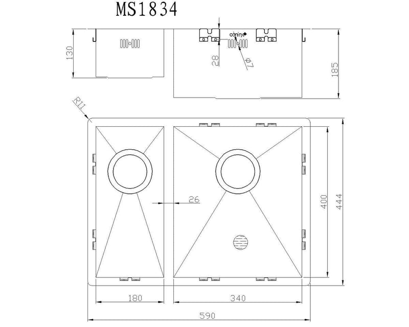 Mizzo Quadro Dubbele Spoelbak R 18-34X40CM - 1,5 spoelbak - Wasbak Keuken - Onderbouw / Vlakbouw / Inbouw - RVS
