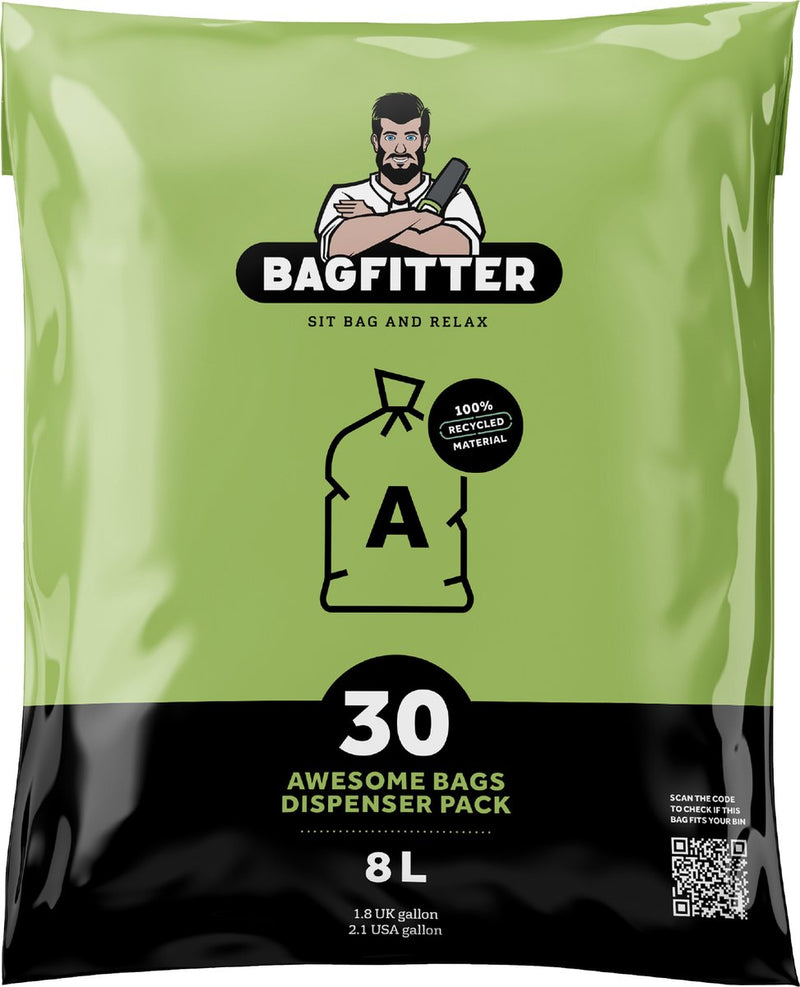Bagfitter Green A 8L garbage bag with tape tape made of 100% recycled plastic - 41.5 cm x 38cm - 30 pieces - 8 liters - garbage bags - waste bags - trash bags suitable for, among others, Homra IXXA and rangvollby Bredbyn
