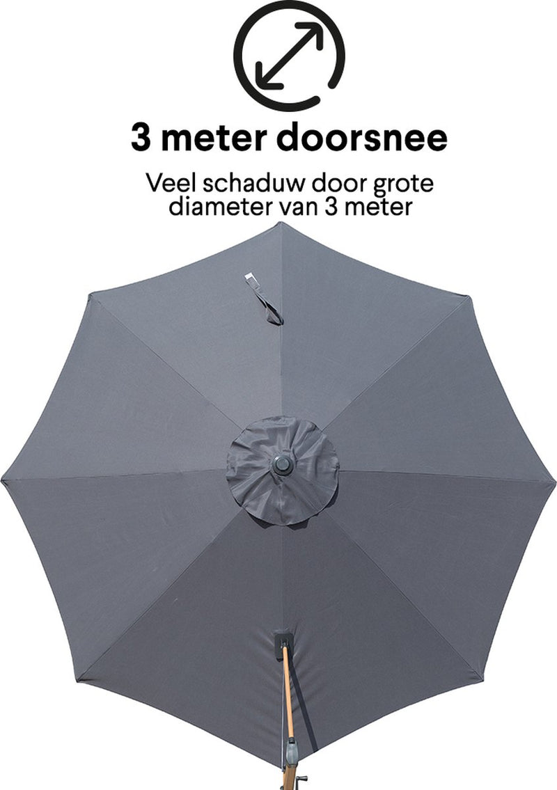 Homra Limited Edition Premium Lux -XL -Hout Parasol - Durable Floating parasol - Ø300 cm - Dark gray - Including protective cover - 360 ° rotating - Gray - Anthracite - Wood - 3 meters Diameter - With Foot - Without Tiles - Without Tiles - Without Tiles