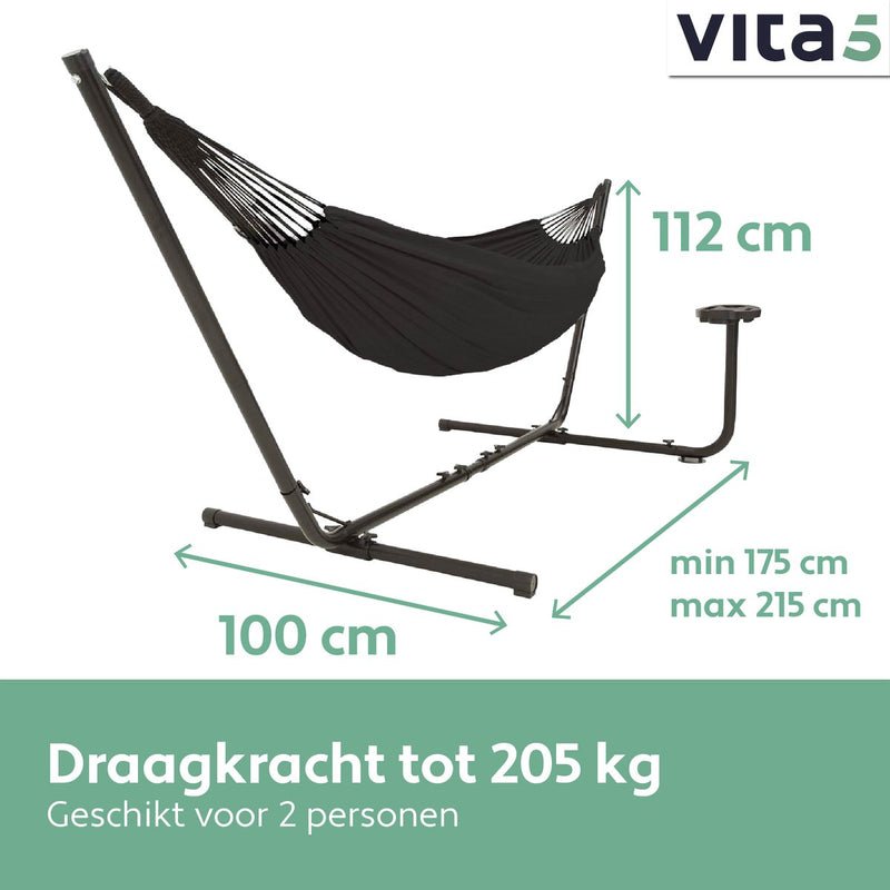 Vita5 Hangmat met Standaard 2 Persoons - Incl. Bekerhouder - Draaggewicht 205 kg - Zwart - Verstelbare Lengte - Incl. Draagtas
