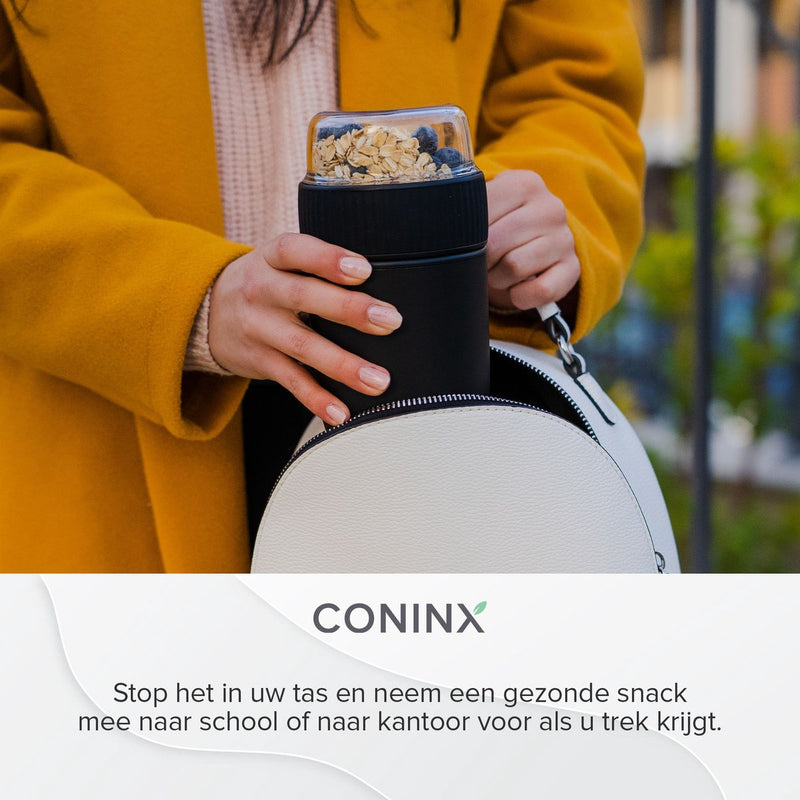 Coninx Yoghurt beker to go - Muesli beker to go - Lunchbeker - Lunch to go - Meeneem Mueslibeker 640ml (450ml+190ml) - Back to school - Zwart