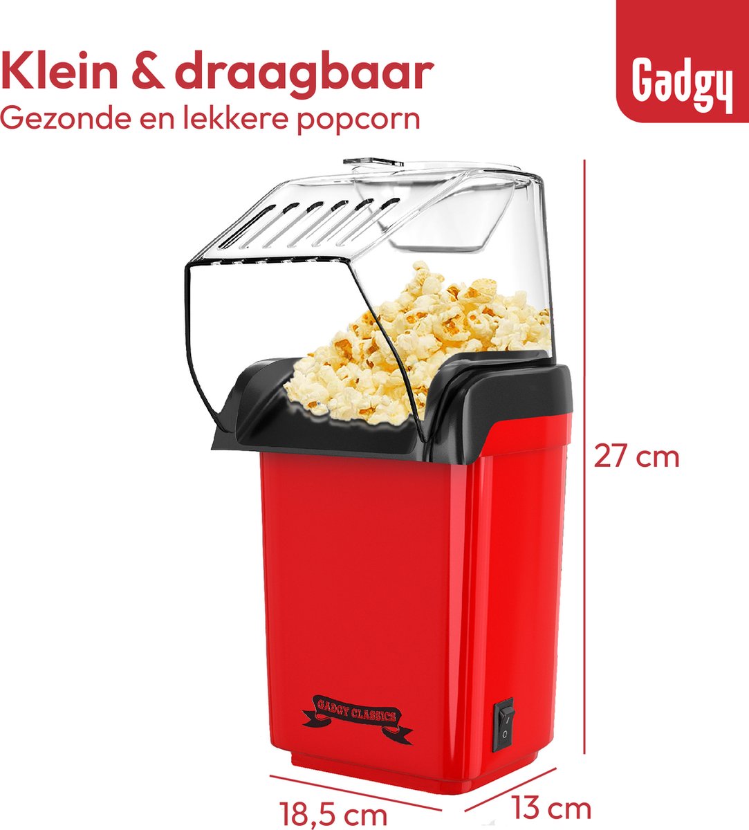 Gadgy Popcorn Machine - Hot Air Popcorn Makers - 1200 Watt - 27 cm - Popcornmaker Kinderparty