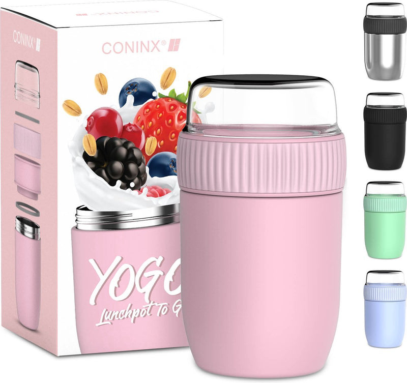 Coninx Thermos Lunchbox - Muesli Cup To Go - Yogurt Cup To Go - Mueslibeker 840ml (600ml+240ml) - Stainless steel / Pink
