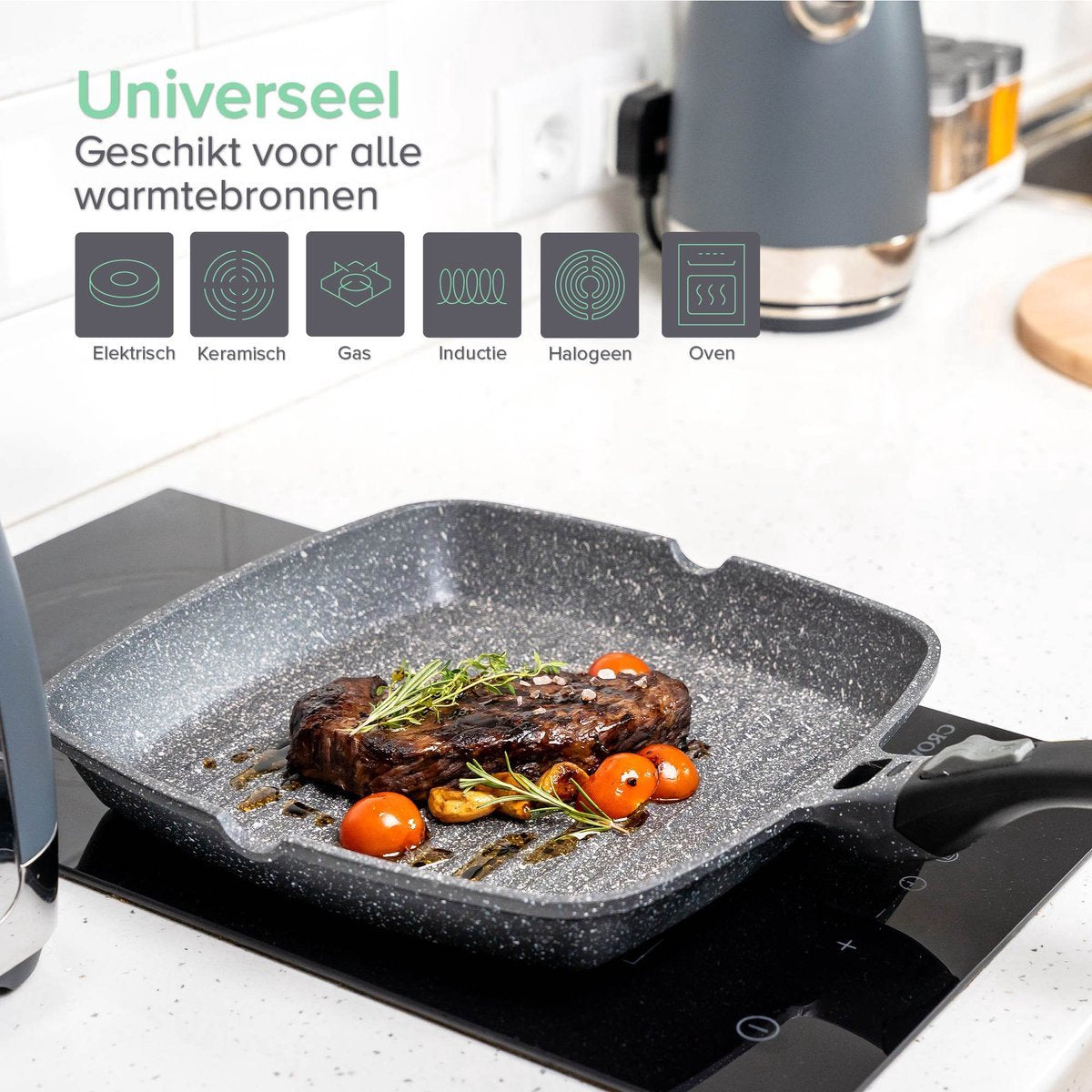 Coninx Grillpan inductie 28cm - Steakpan vleespan - Grill pan met Afneembare Handgreep - PFAS-vrij - Geschikt voor alle warmtebronnen