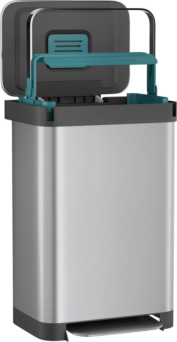 Trash with pedal - 50 liters - stainless steel - pedal bucket Homra Pullix - Automatic air filter - Odor control - 50l capacity - Soft close lid - Waste bin - with handle - Pressing waste - Hygienic - Silver