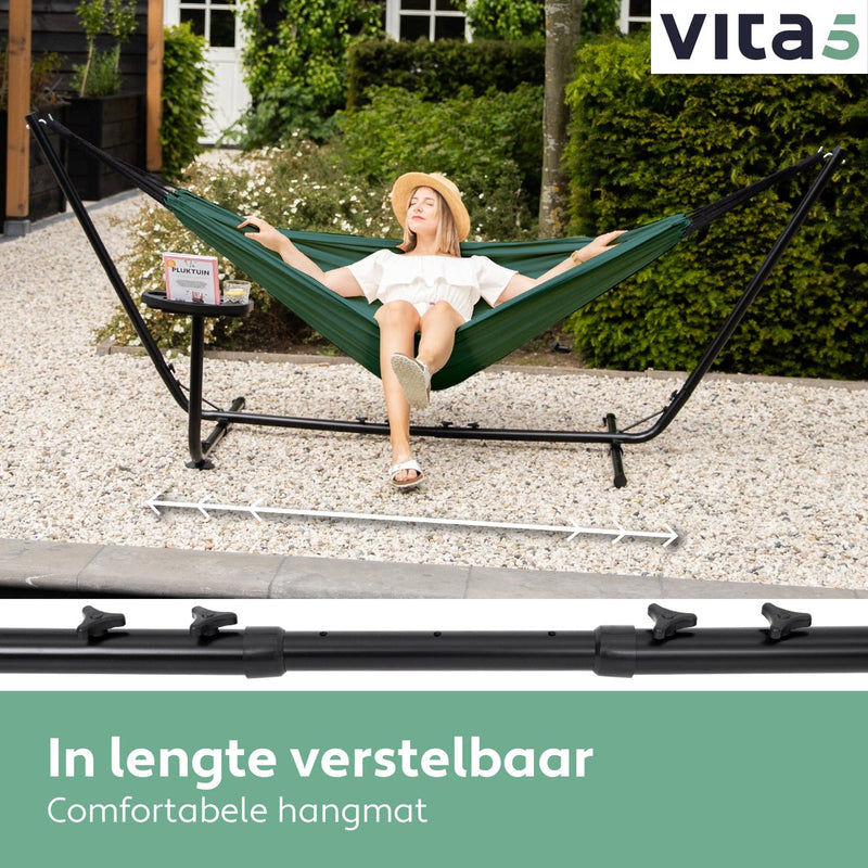 Vita5 Hangmat met Standaard 2 Persoons - Donkergroen - Draaggewicht 205 kg - Verstelbare Lengte - Incl. Draagtas