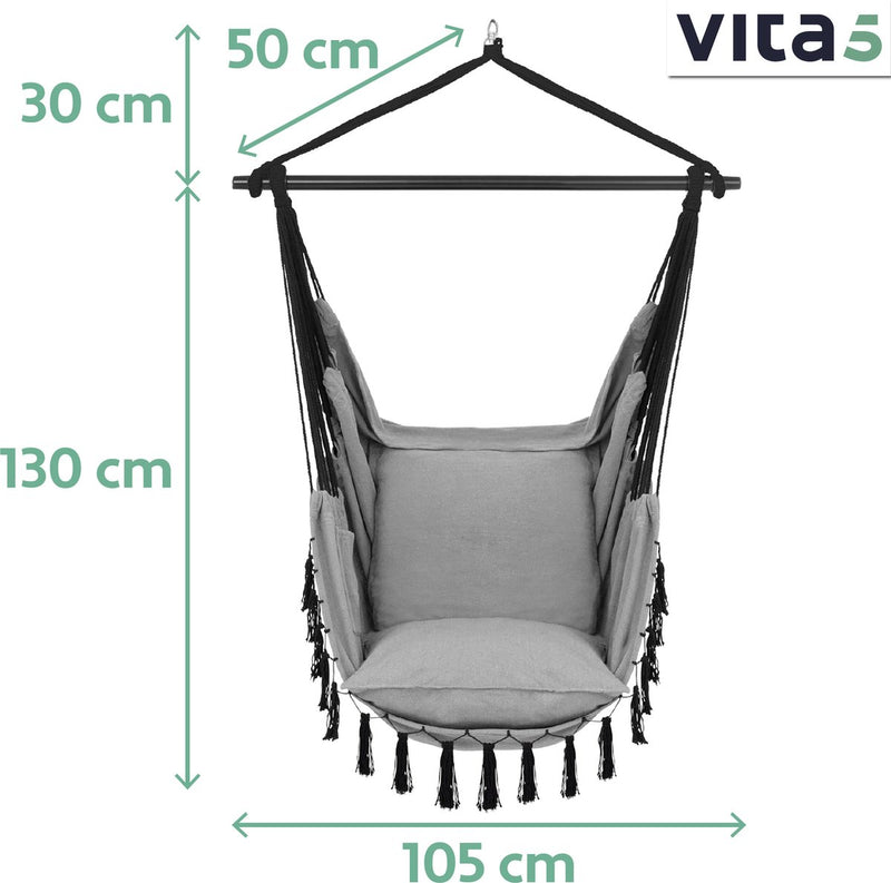Vita5 XXL Hangstoel | Binnen&Buiten Hangnest | Incl. 2 Kussens en Boekenvak | Volwassenen&Kinderen | Hangmatstoel tot 200kg | Grijs