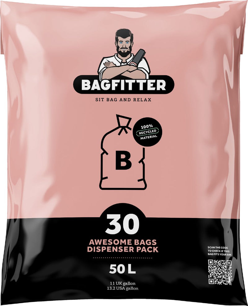 Bagfitter pink B 50l garbage bag with tape tape made of 100% recycled plastic - 75 cm x 61cm - 30 pieces - 50 liters - garbage bags - waste bags - trash bags suitable for, among other things, Homra Lux and barvollby mandal