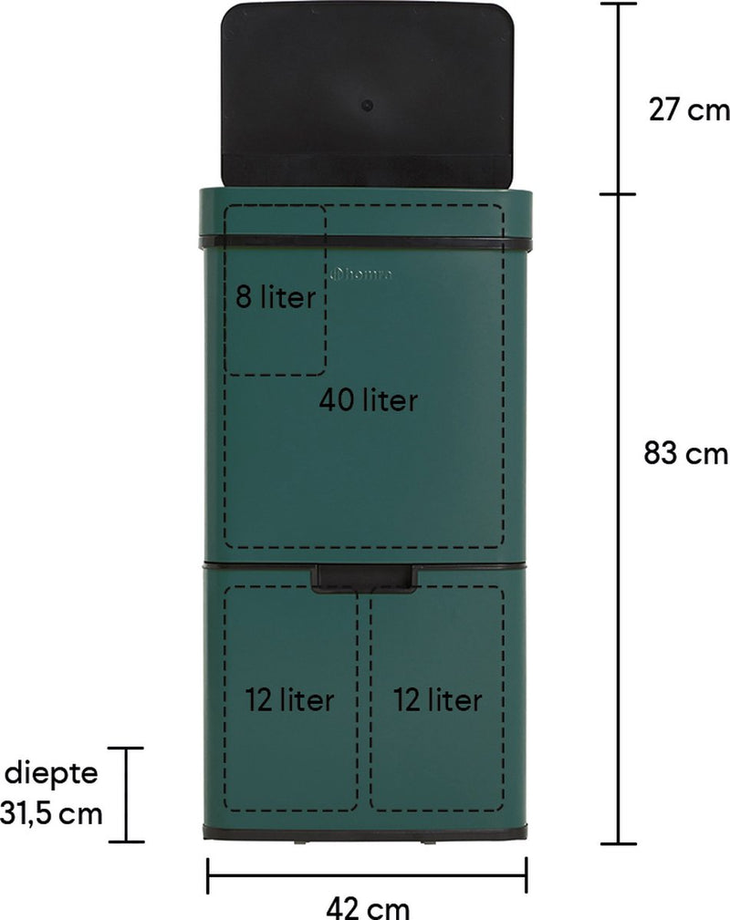 Homra NEXO - Sensor Prullenbak - 3 vakken - 72 Liter (2x12 + 48 L) - Groen