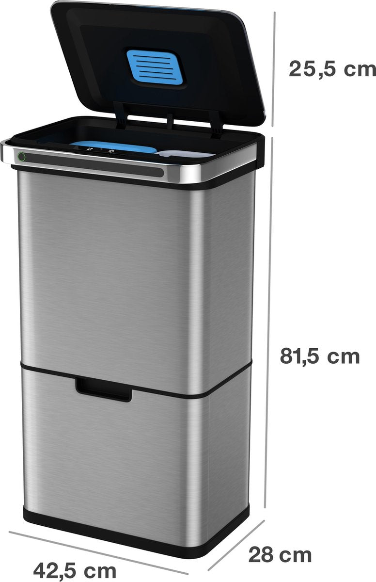 Waste separation - 4 boxes - 60 liters (2 × 18l + 2 × 12l) - Recycle sensor trash can Homra - stainless steel waste bin - Waste separation troller box - Design kitchen waste bin - Automatic air and bacteria filter - Soft Close lid - Stainless steel color