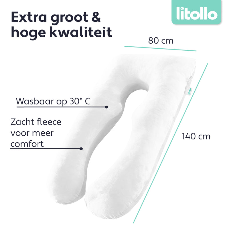 Litollo® Zwangerschapskussen hoes XXL 280cm - Zachte coral fleece stof - Wit
