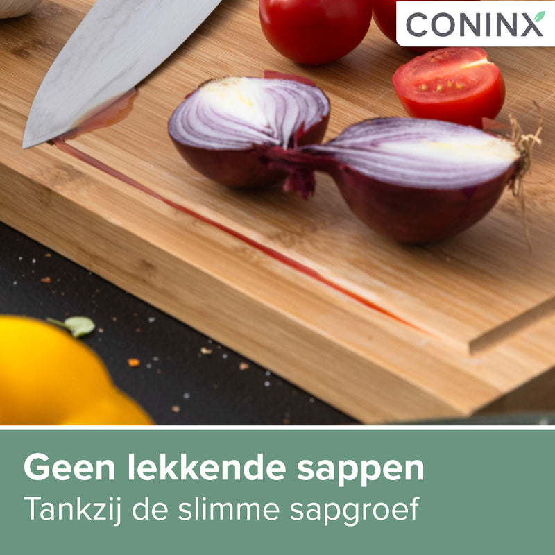 Houten Snijplank Coninx voor Werkblad, Aanrecht of Tafel | Snijplank met Steunrand en Sapgroef | 45x30CM | 2,5CM Dik | Bamboe