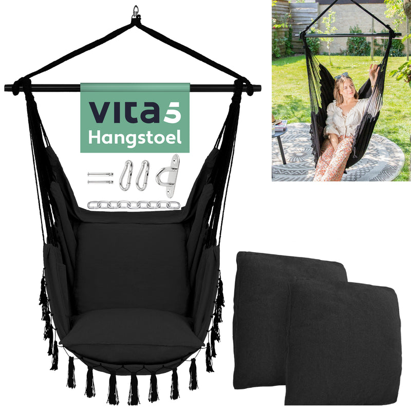 Vita5 XXL Hangstoel - Binnen&Buiten Hangnest - Incl. 2 Kussens en Boekenvak - Volwassenen&Kinderen - Hangmatstoel tot 200kg - Zwart