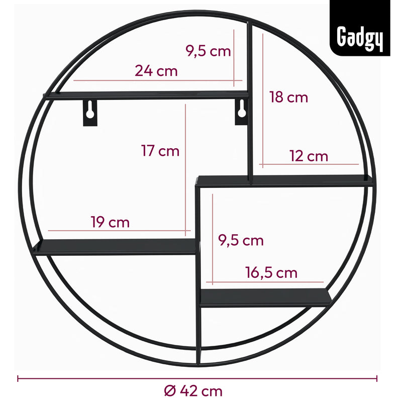 Gadgy Wandrek Industrieel – Rond met 4 Planken - Wandrekken - Wanddecoratie Industrieel - Muurdecoratie Metaal – Ø 42x10 cm